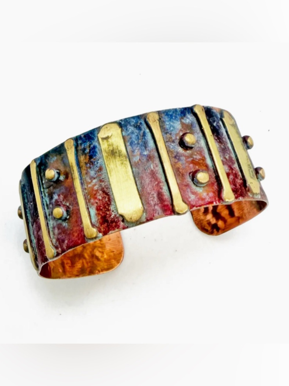 Handcrafted Patina Copper Cuff Bracelet with Gold Accents
